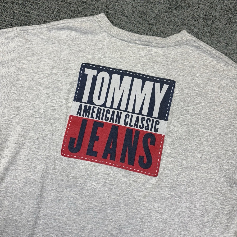 Vintage Tommy Hilfiger Tommy Jeans T Shirt Men's Large Gray V Neck Made In USA